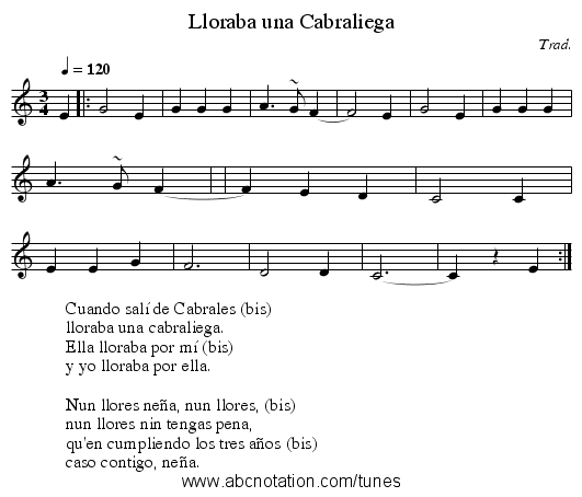 Lloraba una Cabraliega - staff notation