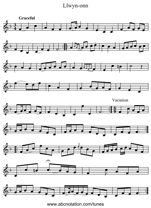 Llwyn-onn - staff notation