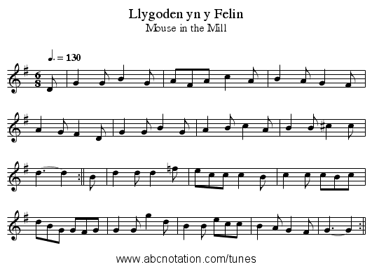 Llygoden yn y Felin - staff notation