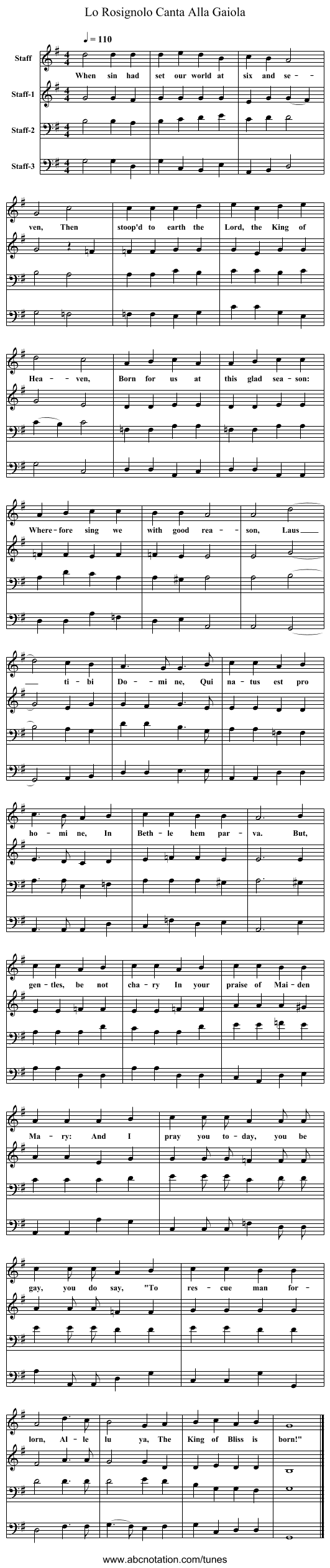 Lo Rosignolo Canta Alla Gaiola - staff notation
