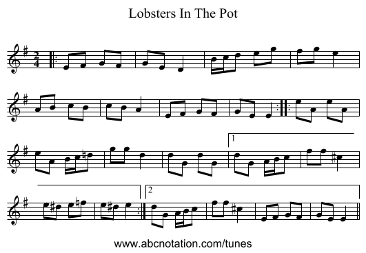 Lobsters In The Pot - staff notation