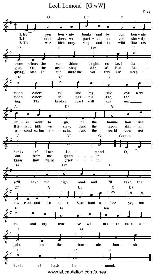 Loch Lomond   [G,wW] - staff notation