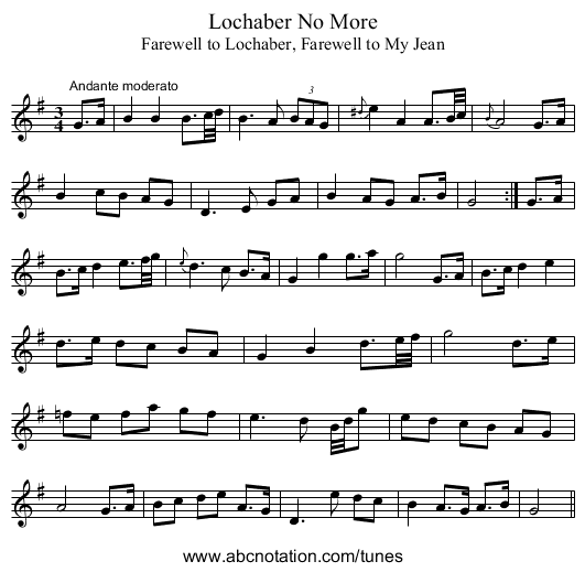 Lochaber No More - staff notation