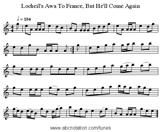 Locheil's Awa To France, But He'll Come Again - staff notation