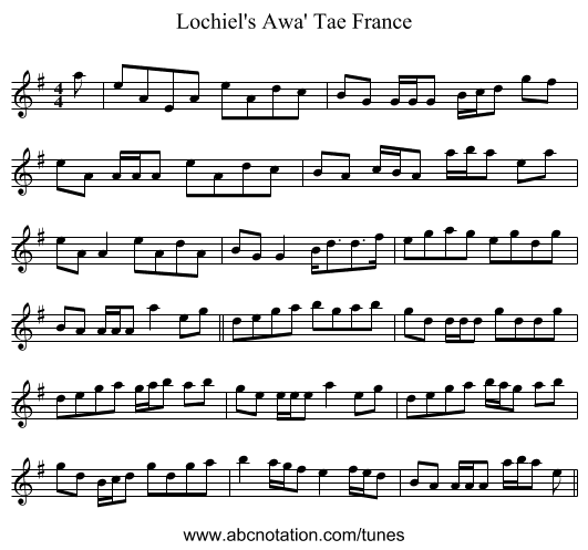 Lochiel's Awa' Tae France - staff notation