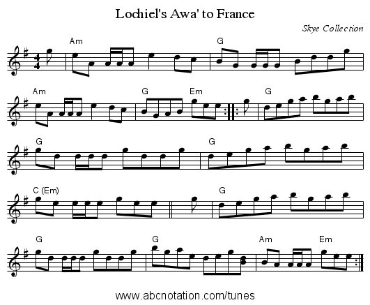 Lochiel's Awa' to France - staff notation