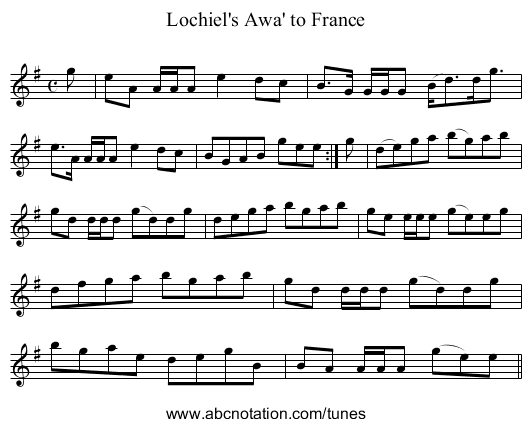 Lochiel's Awa' to France - staff notation