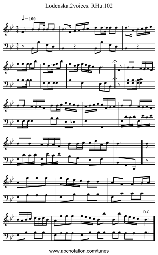 Lodenska.2voices. RHu.102 - staff notation