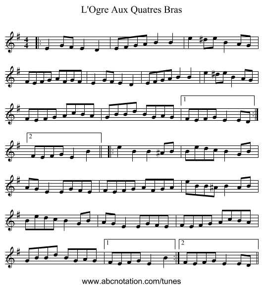 L'Ogre Aux Quatres Bras - staff notation