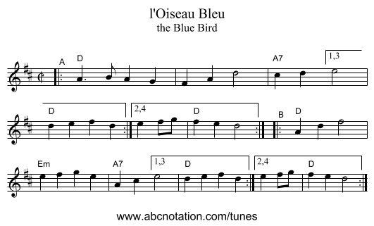 l'Oiseau Bleu - staff notation