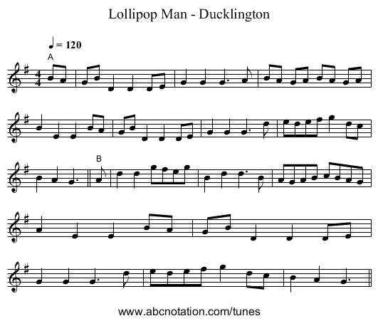 Lollipop Man - Ducklington - staff notation