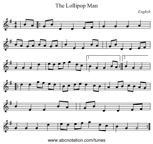 Lollipop Man, The - staff notation