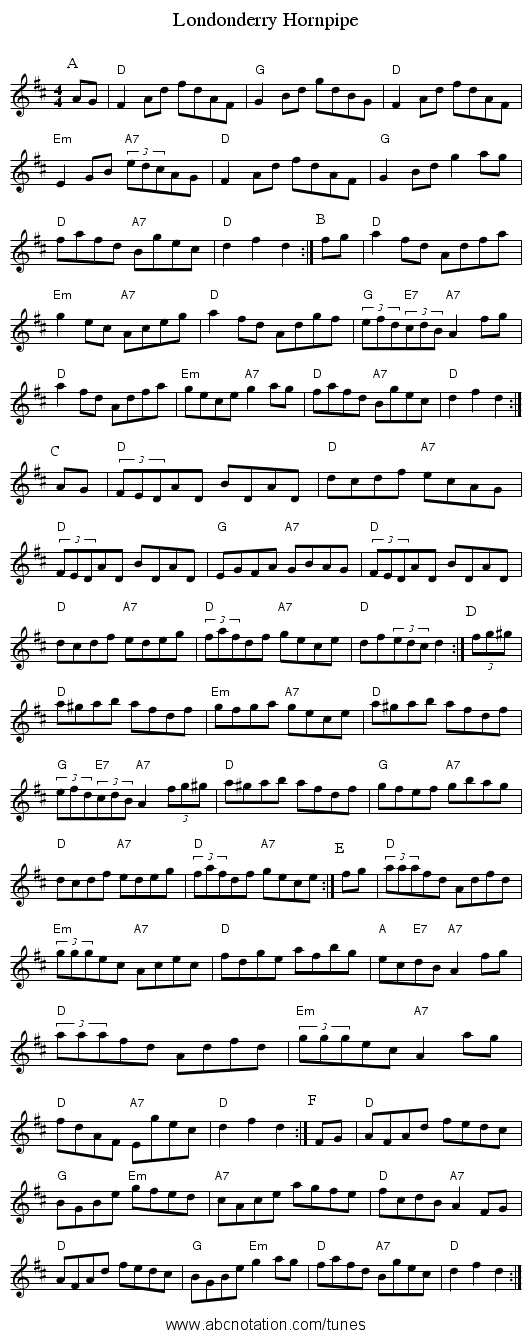 Londonderry Hornpipe - staff notation