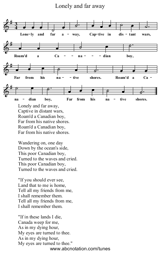 Lonely and far away - staff notation