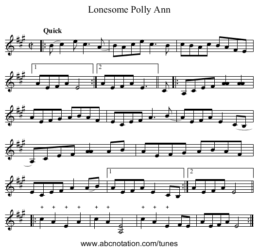Lonesome Polly Ann - staff notation