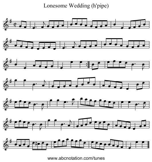 Lonesome Wedding (h'pipe) - staff notation