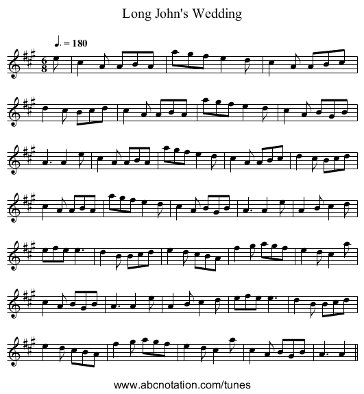 Long John's Wedding - staff notation
