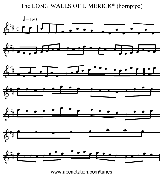 LONG WALLS OF LIMERICK* (hornpipe), The - staff notation