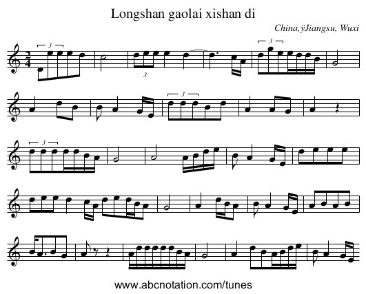 Longshan gaolai xishan di - staff notation