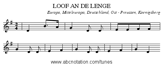 LOOF AN DE LENGE - staff notation