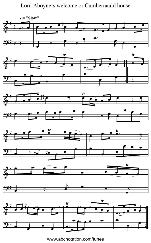 Lord Aboyne’s welcome or Cumbernauld house - staff notation