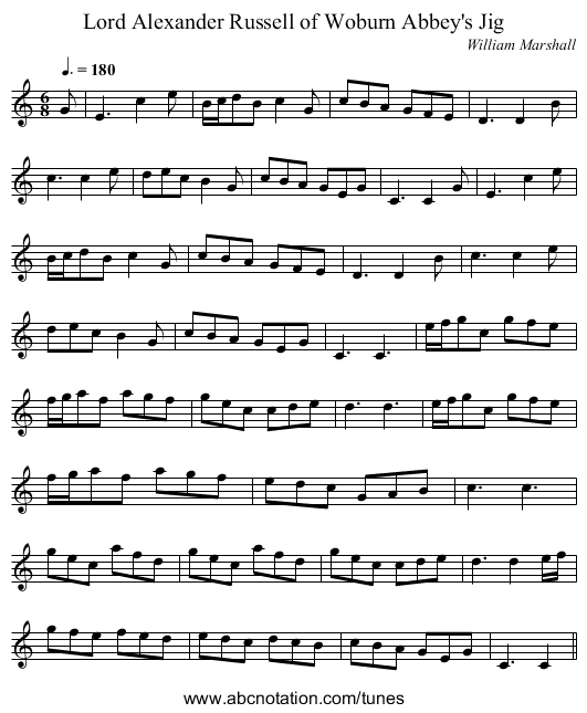 Lord Alexander Russell of Woburn Abbey's Jig - staff notation