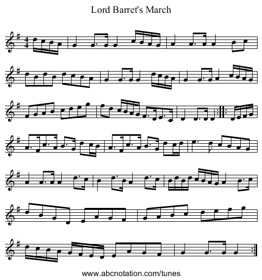 Lord Barret's March - staff notation