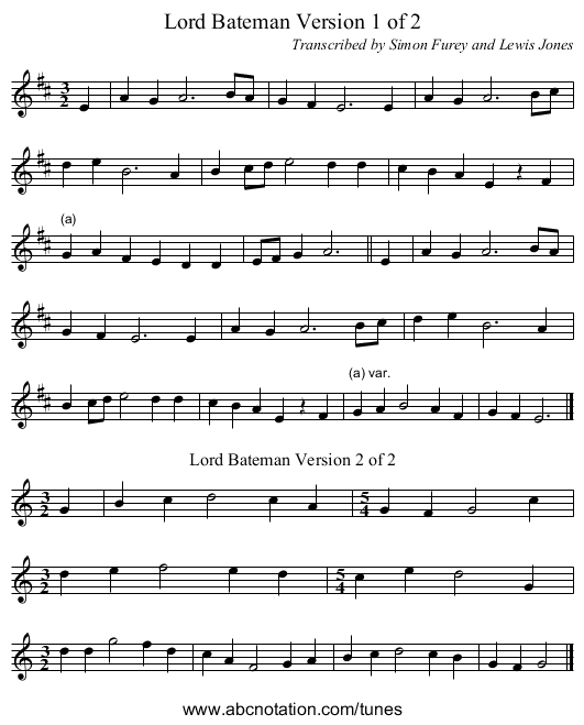 Lord Bateman Version 1 of 2 - staff notation