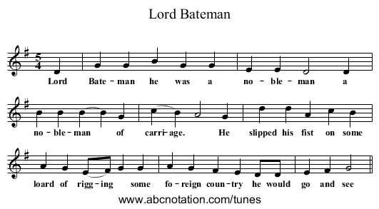 Lord Bateman - staff notation