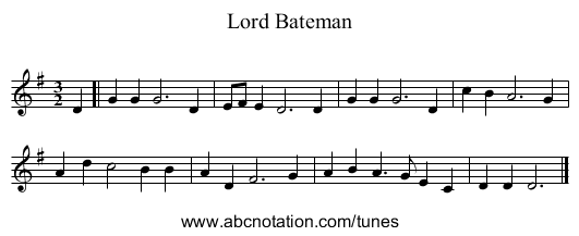 Lord Bateman - staff notation