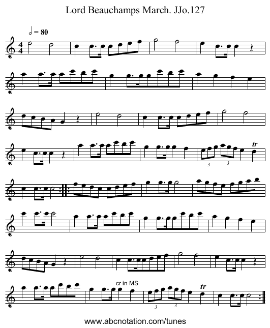 Lord Beauchamps March. JJo.127 - staff notation