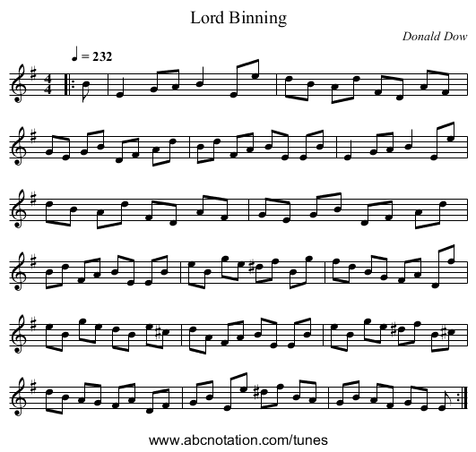 Lord Binning - staff notation