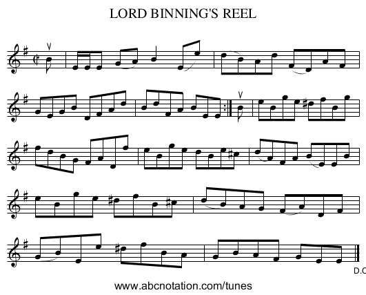 LORD BINNING'S REEL - staff notation