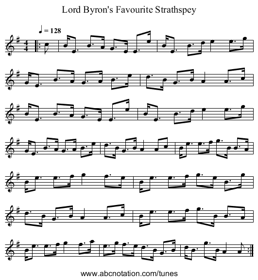 Lord Byron's Favourite Strathspey - staff notation