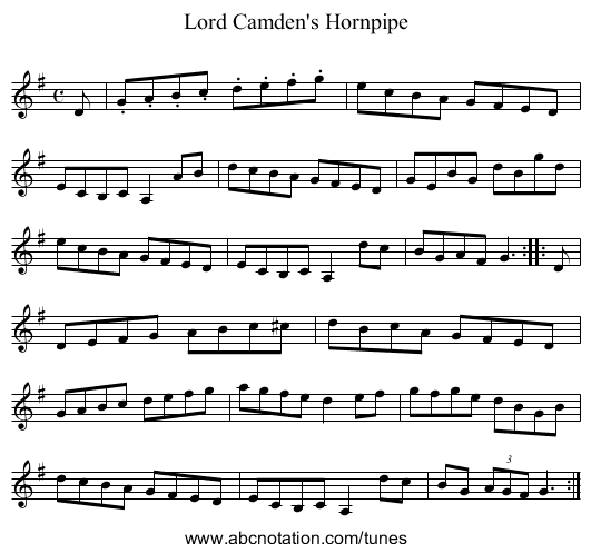 Lord Camden's Hornpipe - staff notation