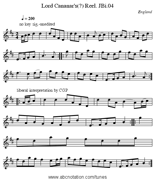 Lord Cananar's(?) Reel. JBi.04 - staff notation