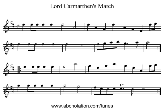 Lord Carmarthen's March - staff notation