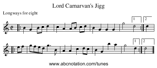 Lord Carnarvan's Jigg - staff notation
