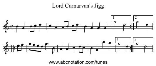 Lord Carnarvan's Jigg - staff notation