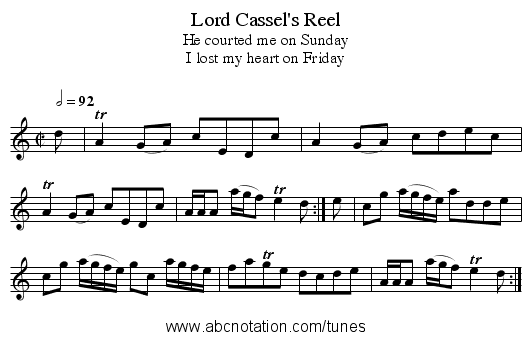 Lord Cassel's Reel - staff notation