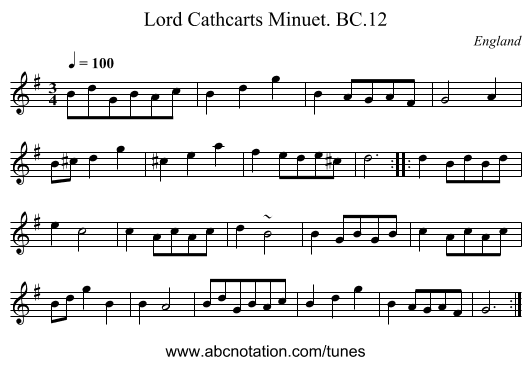 Lord Cathcarts Minuet. BC.12 - staff notation