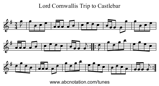 Lord Cornwallis Trip to Castlebar - staff notation