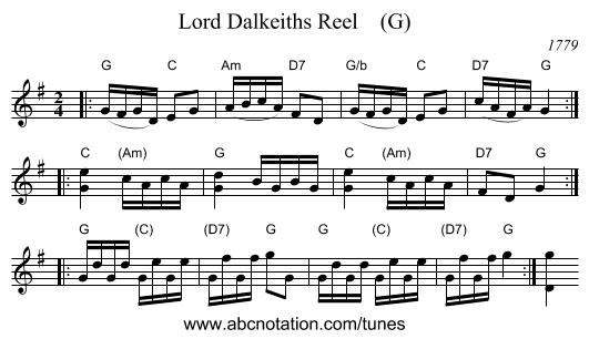 Lord Dalkeiths Reel    (G) - staff notation