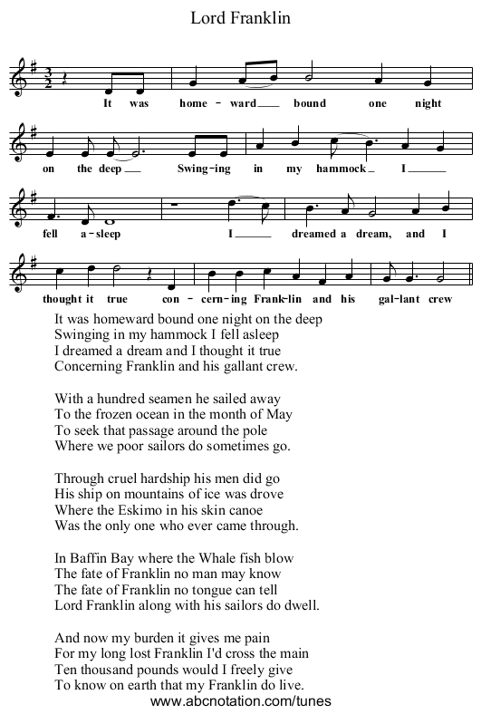 Lord Franklin - staff notation