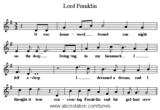 Lord Franklin - staff notation