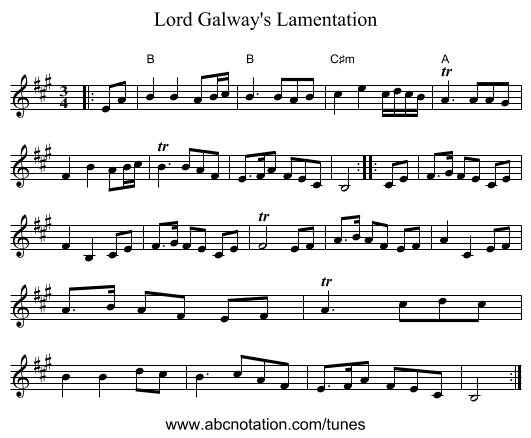 Lord Galway's Lamentation - staff notation