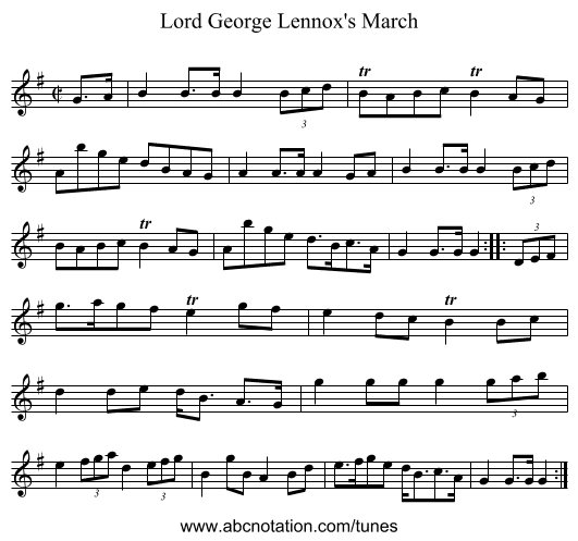 Lord George Lennox's March - staff notation