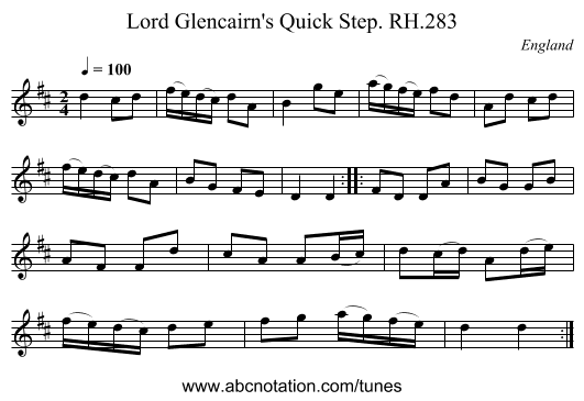 Lord Glencairn's Quick Step. RH.283 - staff notation