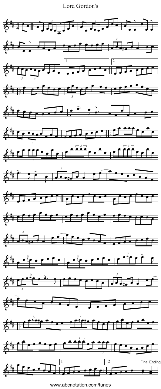 Lord Gordon's - staff notation