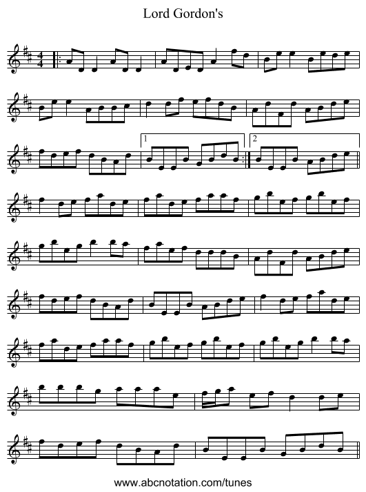Lord Gordon's - staff notation